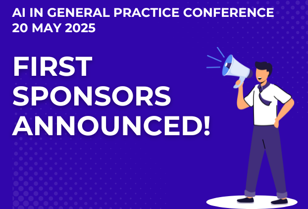 A cartoon man on the right side of a purple rectangle, holding a megaphone with the wordingg 'AI in general practice conference 20 may 2025, first sponsors announced' on the left.