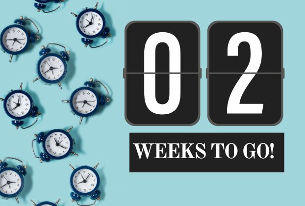 A blue background with 8 alarm clocks on the left side and then '2 weeks to go' on the right-side.