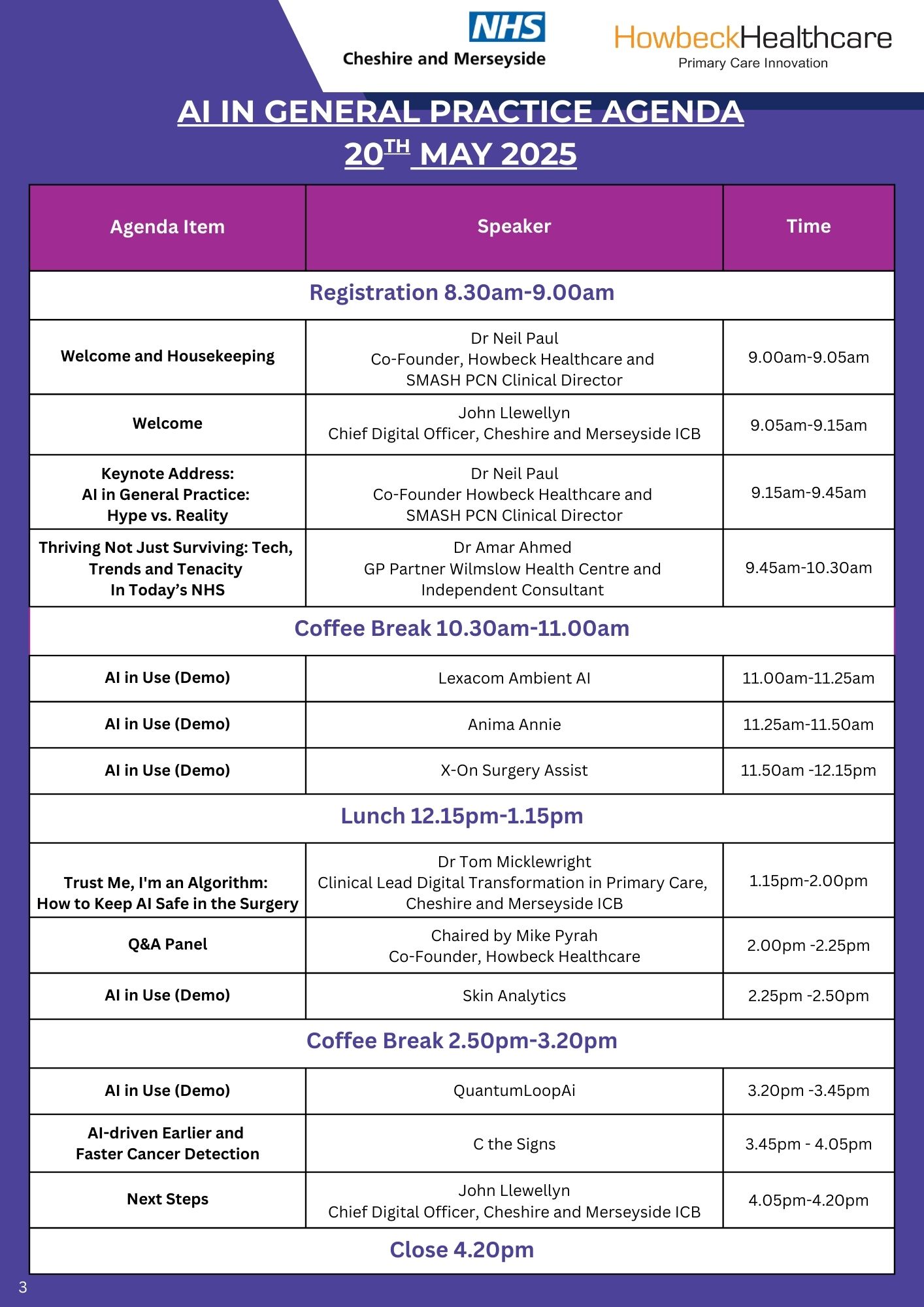 An image of the agenda for the AI in General Practice Conference May 2025