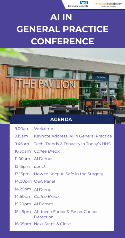 Poster containing the agenda for the AI in General Practice Conference at Chester Racecourse.