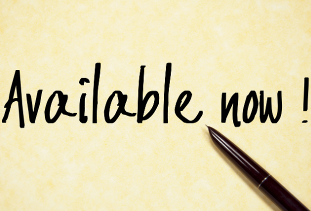 Graphic of a yellow piece of paper with a pen writing 'Available now!' on.