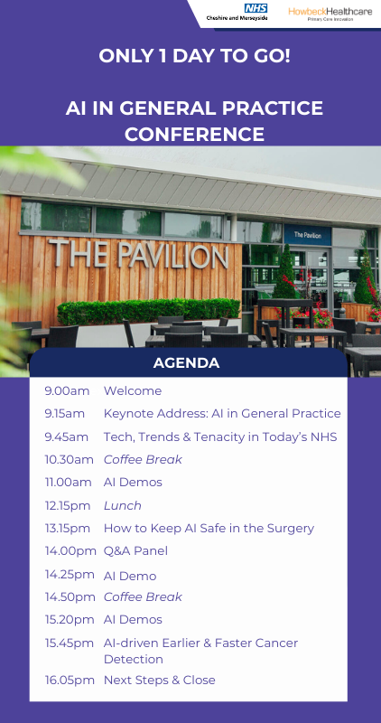 Poster containing the agenda for the AI in General Practice Conference at Chester Racecourse.