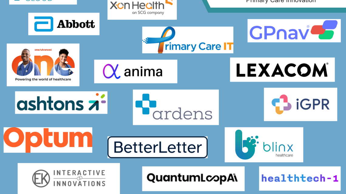 A set of logos from the companies that sponsored the AI In General Practice Conference on a light blue background