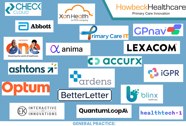 A set of logos from the companies that sponsored the AI In General Practice Conference on a light blue background