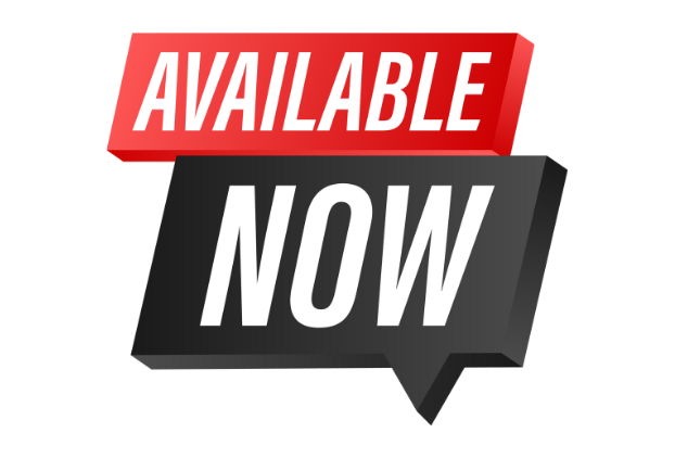 A red speech bubble and a Black speech bubble saying 'Available now'.
