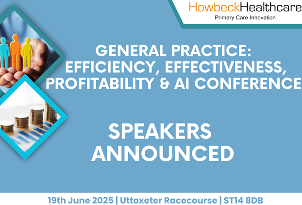 The words General Practice: Efficiency, Effectiveness, Profitability and AI Conference on a light blue background.