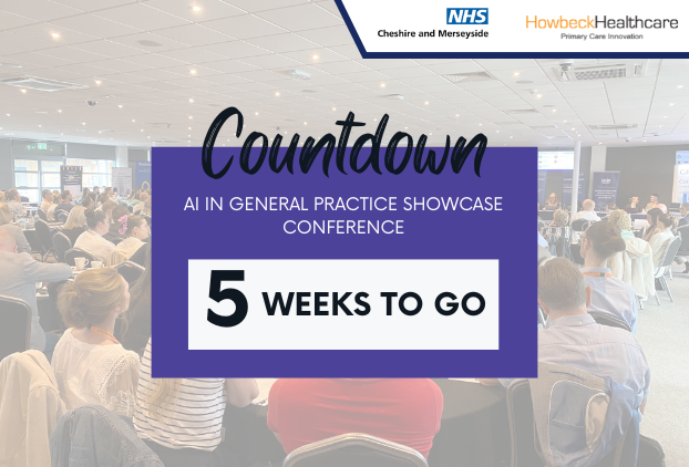 A shot of Aintree Racecourse behind a purple box with text on stating that there is 5 weeks to go until the AI in General Practice Conference.