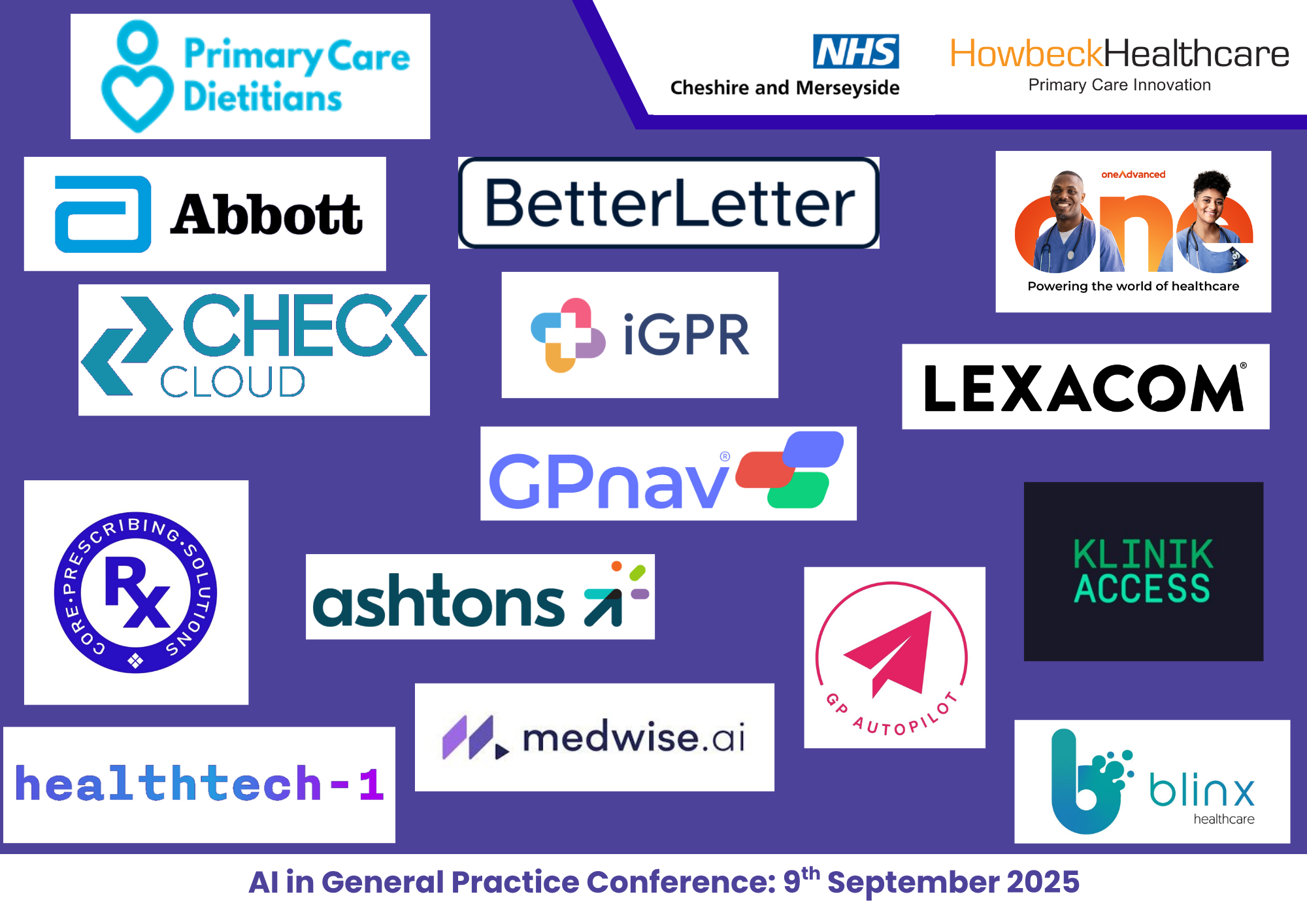 A set of logos from the companies that sponsored the AI In General Practice Conference on a dark purple background.