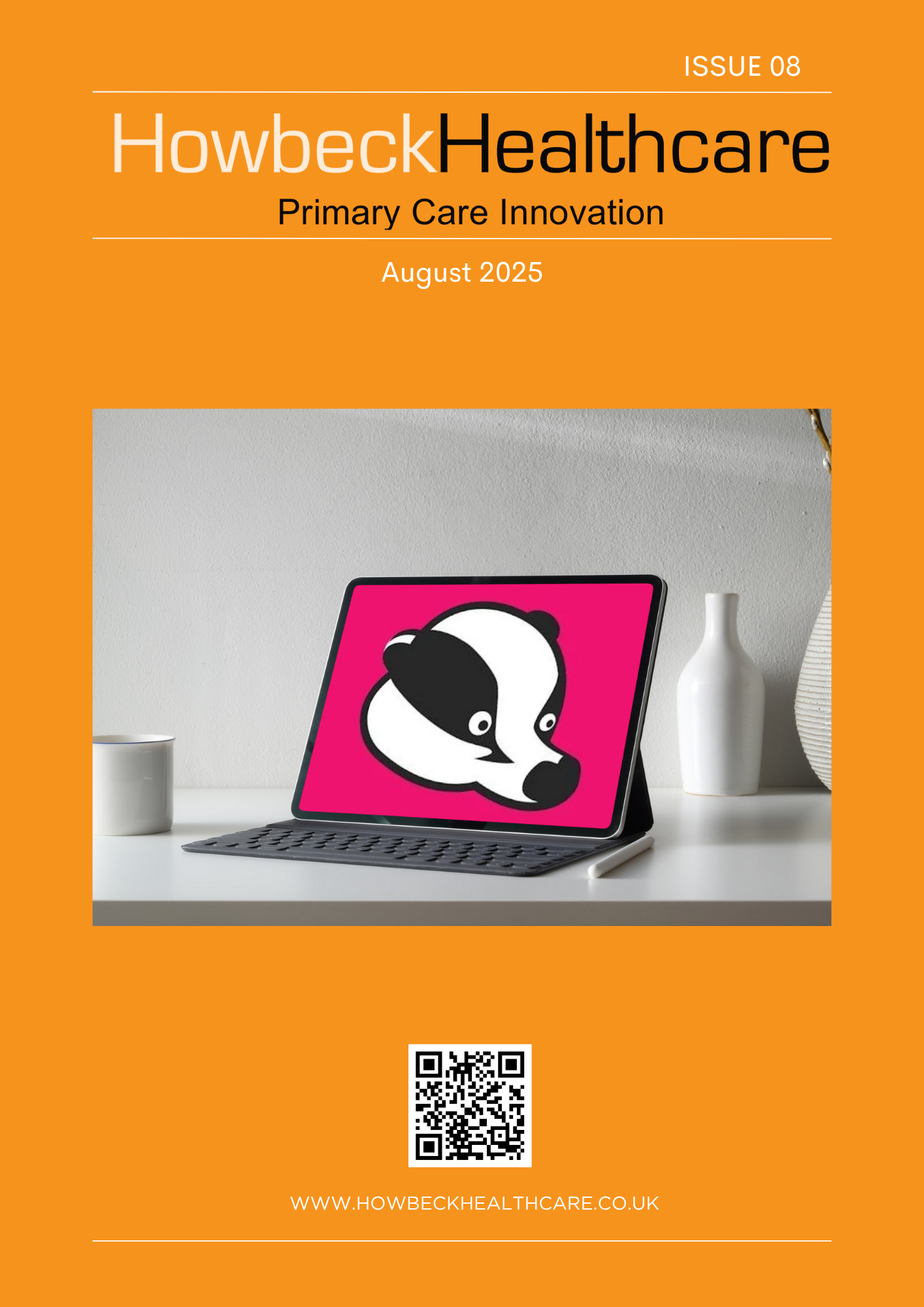 Screenshot of the Howbeck Healthcare Newsletter for August 2025. The background is orange with an image of a laptop screen with the BadgerNet logo on.