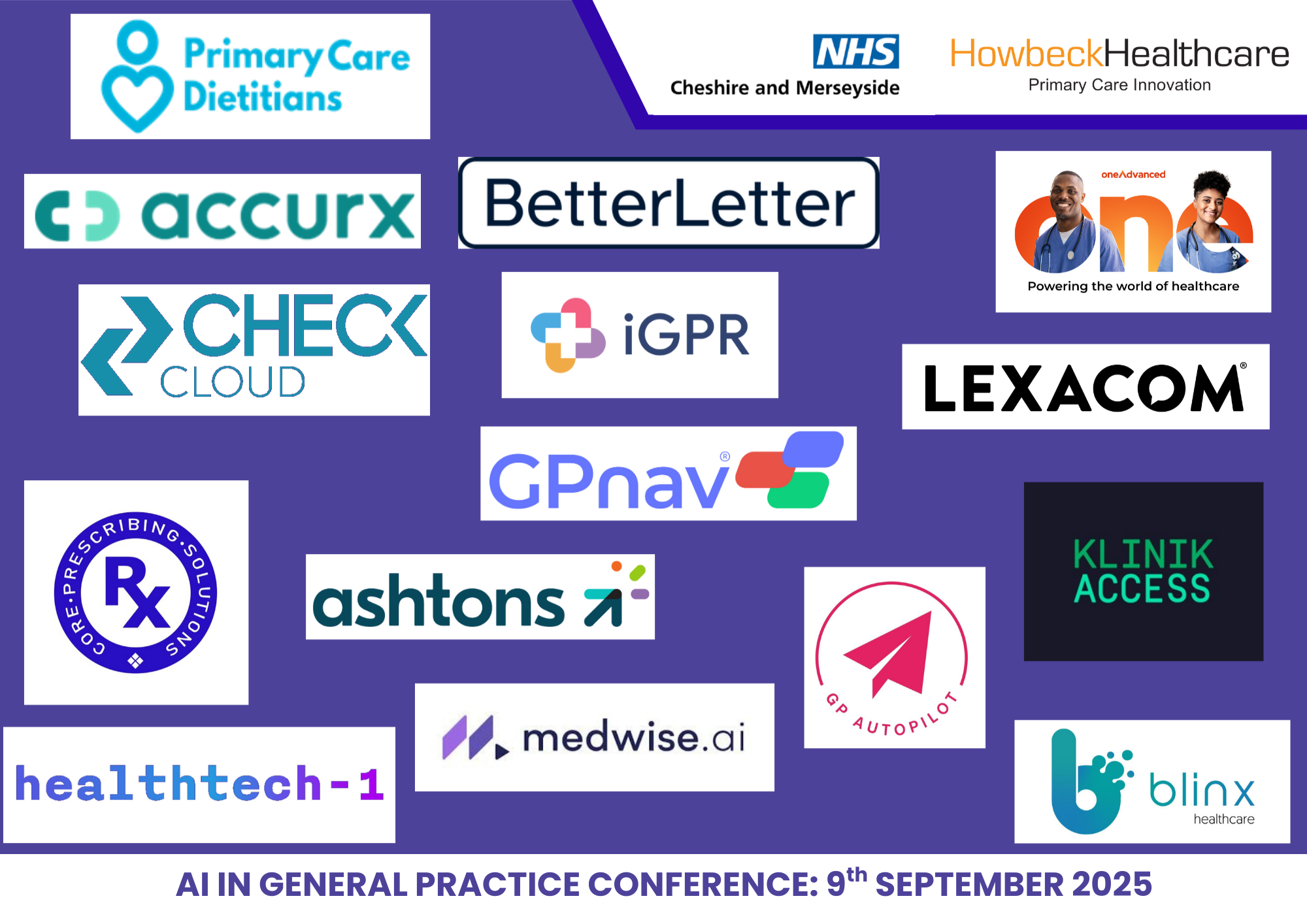 A set of logos from the companies that sponsored the AI In General Practice Conference on a dark purple background.