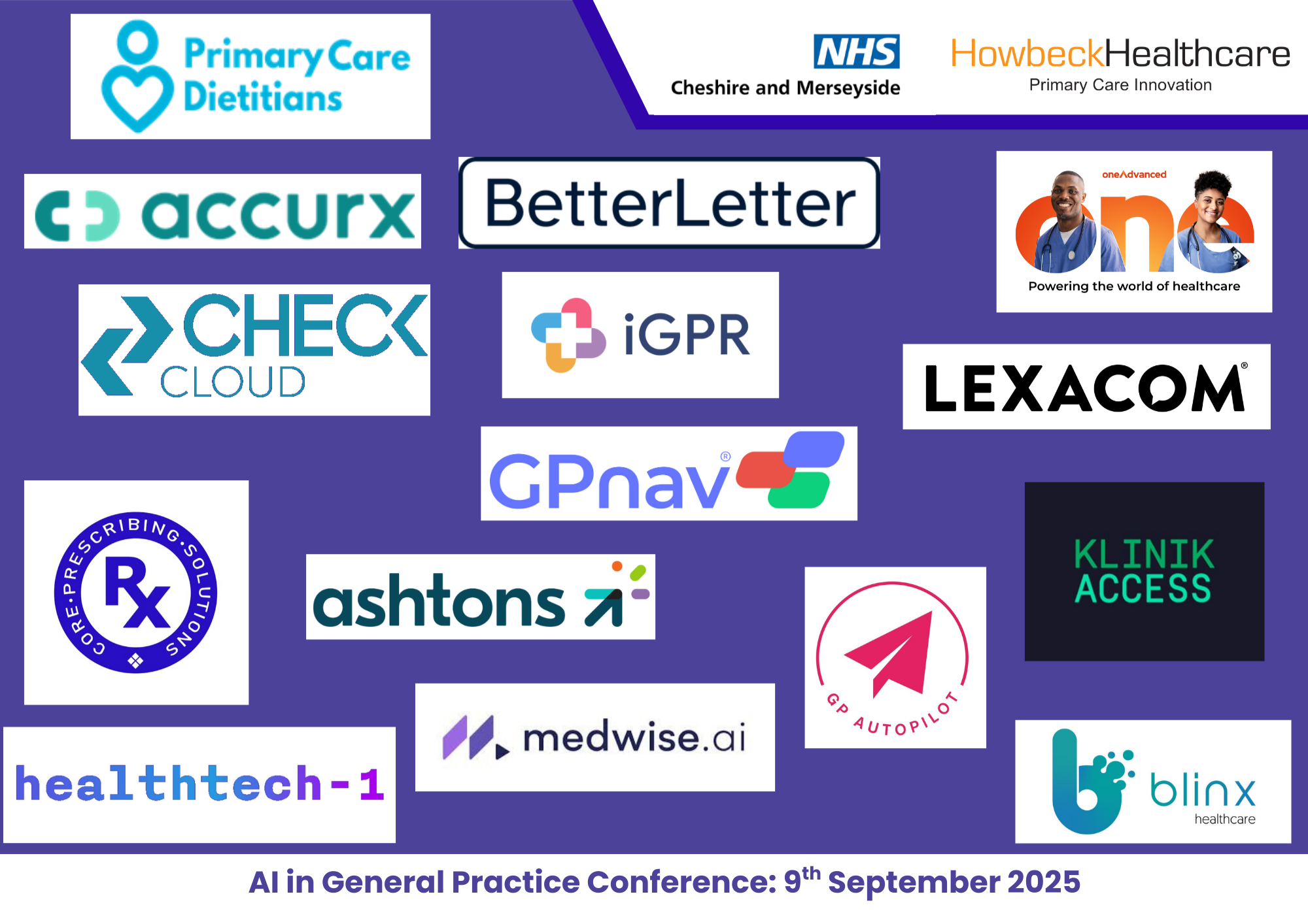 A set of logos from the companies that sponsored the AI In General Practice Conference on a dark purple background.