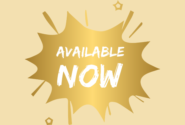 A gold flash with 'Available Now' in the centre.
